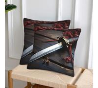 Dwrepo Throw Pillow Cover Cozy Soft Set of 2 Four Seasons Japan Samurai Sword Cushion Cover Modern Square 12"X12" Decorative Pillowcase with Hidden Zippered for Living Room Bedroom Sofa