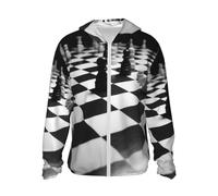 Dwrepo UPF50+ Black White Chess Checkerboard Sun Protection Hoodie Jacket Quick Dry Long Sleeve Sun Shirt For Men Women, Black, M