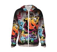 Dwrepo UPF50+ Graffiti Hip Hop Sun Protection Hoodie Jacket Quick Dry Long Sleeve Sun Shirt For Men Women, Black, XL