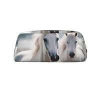 Dwrepo White Horses Pencil Bag Portable Leather Pencil Case Travel Makeup Bag Large Capacity Toiletry Bag for Women, Silver, One Size, Print