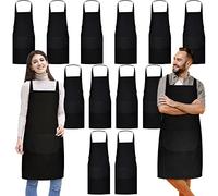 Dwrttow 12 Pack Bib Apron,Black Aprons Bulk,Unisex Black Plain Aprons with 2 Pockets,Blank Apron with Long Ties, Black, Medium