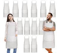 Dwrttow 12 Pack Bib Apron,White Aprons Bulk,Unisex Plain Bib Aprons with 2 Pockets,Blank Apron with Long Ties for Adults Cooking Painting BBQ Grilling Baking Machine Washable,32 x 28 Inch
