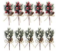 DWTECH 10 Pcs Artificial Pine Picks Christmas Pine Needles with Red Berries and Pine Cones for Christmas Craft, Garden, Wreath, Tree, Flower Arrangement, Christmas Party Decoration Gift