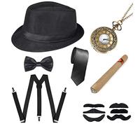 DWTECH 1920s Gatsby Accessories for Mens,20s Men Fancy Dress Accessories with Panama Hat Bow Tie Elastic Suspenders Vintage Pocket Watch and Moustaches,Great Gatsby Costume Cosplay Set (Black)
