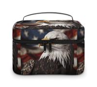 DWTJKMS Bald Eagle US Flag Pictures Makeup Bag, Cosmetic Organizer Case Large Portable Capacity Make Up Bags Women Travel Toiletry Bags with Handle And Divider