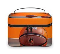 DWTJKMS Basketball Orange Makeup Bag, Cosmetic Organizer Case Large Portable Capacity Make Up Bags Women Travel Toiletry Bags with Handle And Divider