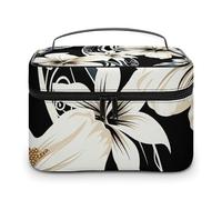 DWTJKMS Black And White Hawaiian Flowers Makeup Bag, Cosmetic Organizer Case Large Portable Capacity Make Up Bags Women Travel Toiletry Bags with Handle And Divider