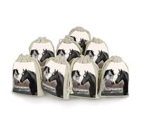 DWTJKMS Black And White Horses Gift Pouches 8PCS Portable Small Drawstring Storage Bags Pouches Reusable Cotton Linen Bunches Pocket For Wedding, Travel, Office, Workout (Unisex)