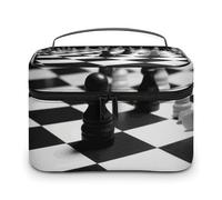 DWTJKMS Black White Chess Checkerboard Makeup Bag, Cosmetic Organizer Case Large Portable Capacity Make Up Bags Women Travel Toiletry Bags with Handle And Divider