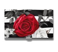 DWTJKMS Black White Stripes Red Rose Flowers Business Card Holder Aluminum Alloy Card Case Metal Name Card Holder for Men Women Professional Credit Card ID Case for Office Business Unique Gift