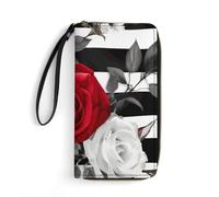 DWTJKMS Black White Stripes Red Rose Flowers Long Wallet Slim PU Leather Wallets for Men Women Minimalist Wallet with Card Slots, white, 19.7x10.5cm