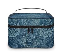 DWTJKMS Blue Floral Lace Makeup Bag, Cosmetic Organizer Case Large Portable Capacity Make Up Bags Women Travel Toiletry Bags with Handle And Divider