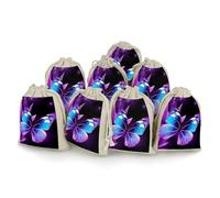 DWTJKMS Blue Purple Butterfly Gift Pouches 8PCS Portable Small Drawstring Storage Bags Pouches Reusable Cotton Linen Bunches Pocket For Wedding, Travel, Office, Workout (Unisex)