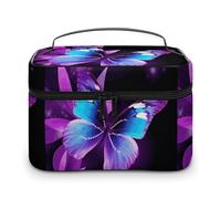 DWTJKMS Blue Purple Butterfly Makeup Bag, Cosmetic Organizer Case Large Portable Capacity Make Up Bags Women Travel Toiletry Bags with Handle And Divider