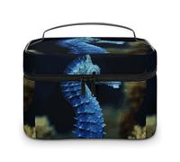 DWTJKMS Blue Seahorse Makeup Bag, Cosmetic Organizer Case Large Portable Capacity Make Up Bags Women Travel Toiletry Bags with Handle And Divider
