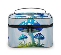 DWTJKMS Cartoon Blue Mushroom Makeup Bag, Cosmetic Organizer Case Large Portable Capacity Make Up Bags Women Travel Toiletry Bags with Handle And Divider