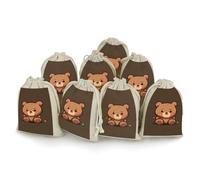 DWTJKMS Cartoon Brown Cute Bear Gift Pouches 8PCS Portable Small Drawstring Storage Bags Pouches Reusable Cotton Linen Bunches Pocket For Wedding, Travel, Office, Workout (Unisex)