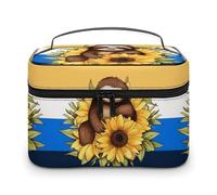 DWTJKMS Cartoon Sloth Sitting on Sunflower Makeup Bag, Cosmetic Organizer Case Large Portable Capacity Make Up Bags Women Travel Toiletry Bags with Handle And Divider