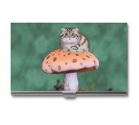 DWTJKMS Cat on Mushroom Business Card Holder Aluminum Alloy Card Case Metal Name Card Holder for Men Women Professional Credit Card ID Case for Office Business Unique Gift
