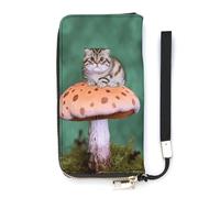 DWTJKMS Cat on Mushroom Long Wallet Slim PU Leather Wallets for Men Women Minimalist Wallet with Card Slots, white, 20x10.5cm