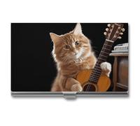 DWTJKMS Cat Playing The Guitar Business Card Holder Aluminum Alloy Card Case Metal Name Card Holder for Men Women Professional Credit Card ID Case for Office Business Unique Gift, silver
