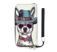 DWTJKMS Chihuahua Dog Wearing Hat Long Wallet Slim PU Leather Wallets for Men Women Minimalist Wallet with Card Slots, white, 20x10.5cm