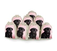 DWTJKMS Cute Black Pug Gift Pouches 8PCS Portable Small Drawstring Storage Bags Pouches Reusable Cotton Linen Bunches Pocket For Wedding, Travel, Office, Workout (Unisex)
