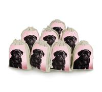 DWTJKMS Cute Black Pug Gift Pouches 8PCS Portable Small Drawstring Storage Bags Pouches Reusable Cotton Linen Bunches Pocket For Wedding, Travel, Office, Workout (Unisex)