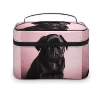 DWTJKMS Cute Black Pug Makeup Bag, Cosmetic Organizer Case Large Portable Capacity Make Up Bags Women Travel Toiletry Bags with Handle And Divider