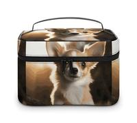 DWTJKMS Cute Chihuahua Makeup Bag, Cosmetic Organizer Case Large Portable Capacity Make Up Bags Women Travel Toiletry Bags with Handle And Divider
