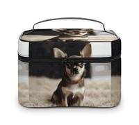 DWTJKMS Cute Chihuahua Makeup Bag, Cosmetic Organizer Case Large Portable Capacity Make Up Bags Women Travel Toiletry Bags with Handle And Divider