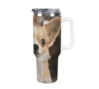 DWTJKMS Cute Chihuahua Stainless Steel Tumbler 40 Oz Leak-proof Large Capacity Car Cup with Handle Straw Double Wall Vacuum Insulated Cup Reusable Keeps Cold Or Hot White-style