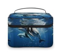 DWTJKMS Cute Dolphins Makeup Bag, Cosmetic Organizer Case Large Portable Capacity Make Up Bags Women Travel Toiletry Bags with Handle And Divider