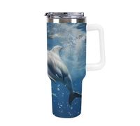 DWTJKMS Cute Dolphins Stainless Steel Tumbler 40 Oz Leak-proof Large Capacity Car Cup with Handle Straw Double Wall Vacuum Insulated Cup Reusable Keeps Cold Or Hot White-style