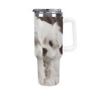 DWTJKMS Cute Maltese Puppy Stainless Steel Tumbler 40 Oz Leak-proof Large Capacity Car Cup with Handle Straw Double Wall Vacuum Insulated Cup Reusable Keeps Cold Or Hot White-style