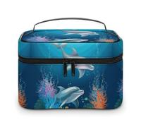 DWTJKMS Dolphin And Fish Makeup Bag, Cosmetic Organizer Case Large Portable Capacity Make Up Bags Women Travel Toiletry Bags with Handle And Divider