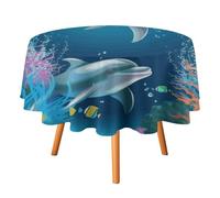 DWTJKMS Dolphin and Fish Round Tablecloth, Picnic Dinner Party Decor Table Covers Summer Fall Outdoor Circle Cover 60x60in for Wedding Birthday Patio Party