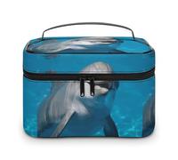 DWTJKMS Dolphin with A Smile Makeup Bag, Cosmetic Organizer Case Large Portable Capacity Make Up Bags Women Travel Toiletry Bags with Handle And Divider