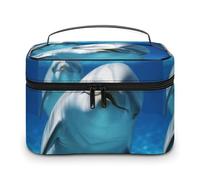 DWTJKMS Dolphin with A Smile Makeup Bag, Cosmetic Organizer Case Large Portable Capacity Make Up Bags Women Travel Toiletry Bags with Handle And Divider