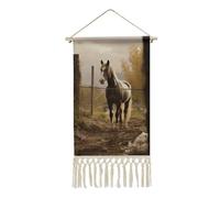 DWTJKMS Fence And Horse Hanging Poster, Long Vertical Wall Hanging Tapestry with Tassel Wall Art Painting Prints Hanging Banner for Living Room, Hallway, Office 10 X 19.6 in