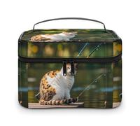 DWTJKMS Fishing Cat Makeup Bag, Cosmetic Organizer Case Large Portable Capacity Make Up Bags Women Travel Toiletry Bags with Handle And Divider