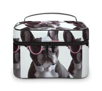 DWTJKMS French Bulldog Pink Glasses Makeup Bag, Cosmetic Organizer Case Large Portable Capacity Make Up Bags Women Travel Toiletry Bags with Handle And Divider