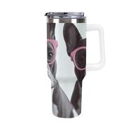DWTJKMS French Bulldog Pink Glasses Stainless Steel Tumbler 40 Oz Leak-proof Large Capacity Car Cup with Handle Straw Double Wall Vacuum Insulated Cup Reusable Keeps Cold Or Hot White-style