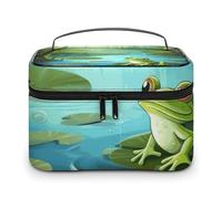 DWTJKMS Frog in A Pond Makeup Bag, Cosmetic Organizer Case Large Portable Capacity Make Up Bags Women Travel Toiletry Bags with Handle And Divider