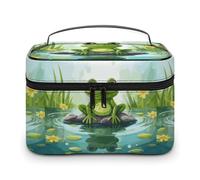 DWTJKMS Frog in A Pond Makeup Bag, Cosmetic Organizer Case Large Portable Capacity Make Up Bags Women Travel Toiletry Bags with Handle And Divider