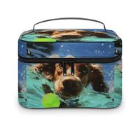 DWTJKMS Funny Swimming Dog Makeup Bag, Cosmetic Organizer Case Large Portable Capacity Make Up Bags Women Travel Toiletry Bags with Handle And Divider