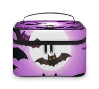 DWTJKMS Halloween Flying Purple Bats Makeup Bag, Cosmetic Organizer Case Large Portable Capacity Make Up Bags Women Travel Toiletry Bags with Handle And Divider