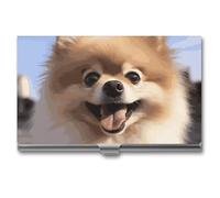 DWTJKMS Happy Pomeranian Business Card Holder Aluminum Alloy Card Case Metal Name Card Holder for Men Women Professional Credit Card ID Case for Office Business Unique Gift