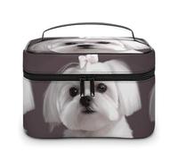 DWTJKMS Lovely Maltese Dog Makeup Bag, Cosmetic Organizer Case Large Portable Capacity Make Up Bags Women Travel Toiletry Bags with Handle And Divider