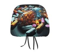 DWTJKMS Medicine Pills Car Seat Headrest Cover 2 PCS Adjustable Reusable, Auto Interior Seat Accessories Cute Vintage Car Headrest Protector Seats Cover,for Most Cars